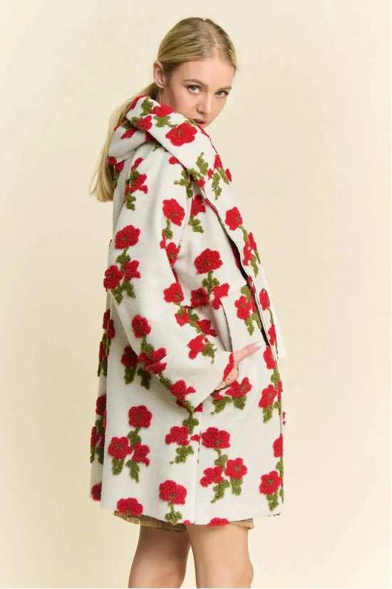 Red Floral Sherpa Hoodie Swing Coat