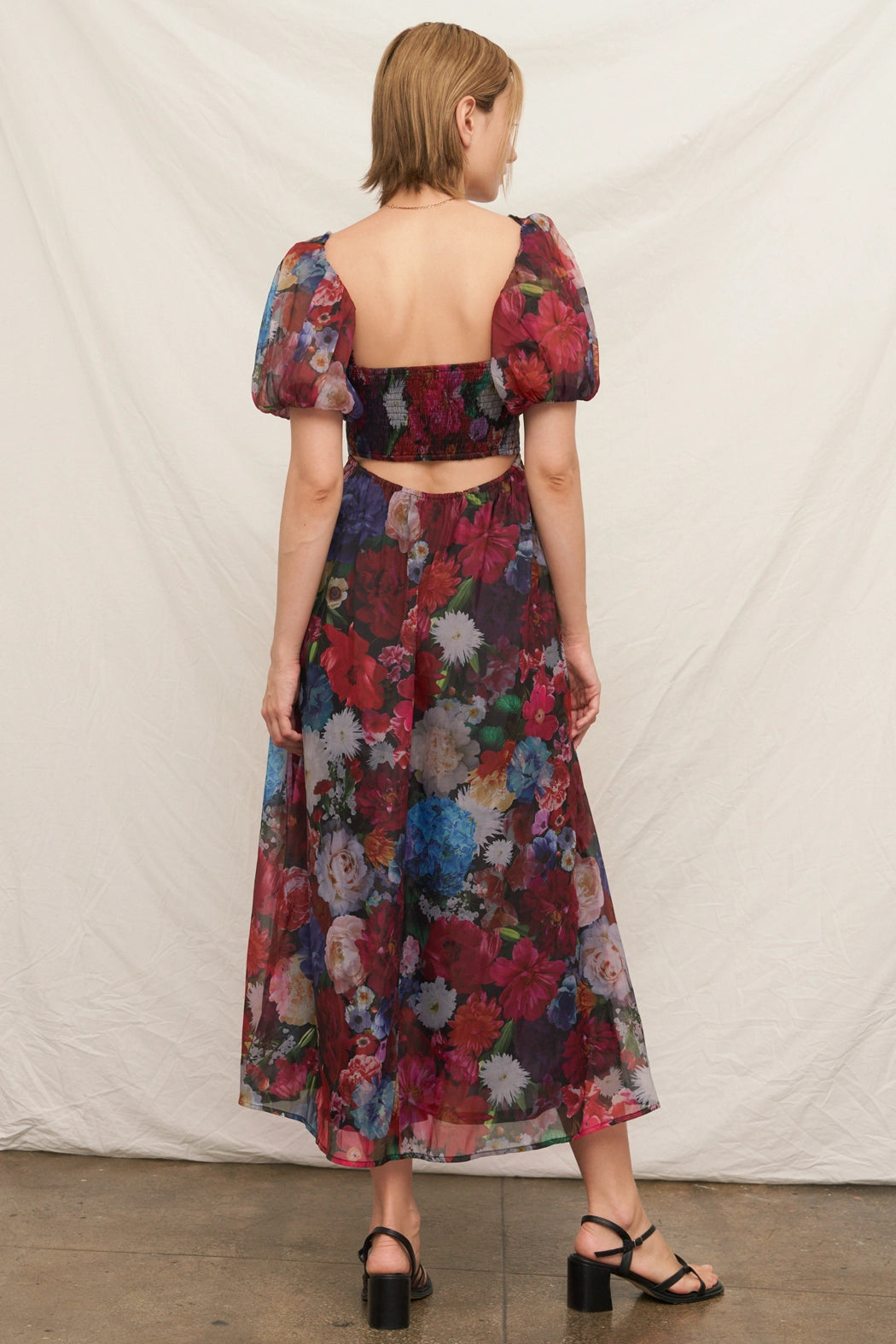 Puff Sleeve Floral Overlay Midi Dress