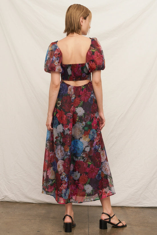 Puff Sleeve Floral Overlay Midi Dress