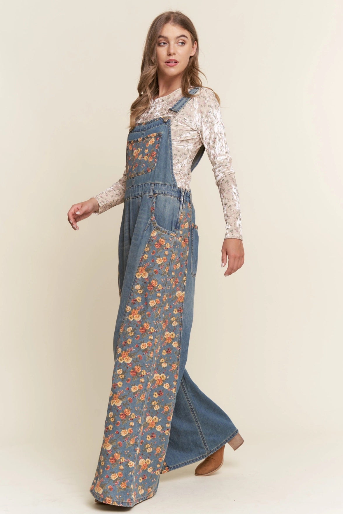 Floral Print Denim Wide Leg Overalls
