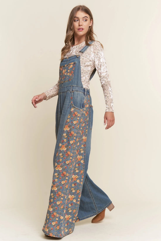Floral Print Denim Wide Leg Overalls