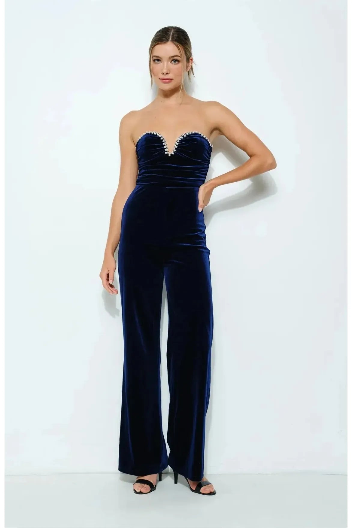 Sweetheart Velvet Pearl Trim Strapless Sapphire Jumpsuit