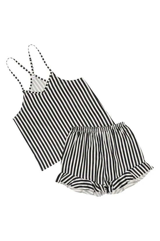 Black & White Striped Cami & Ruffled Shorts Pajama Set