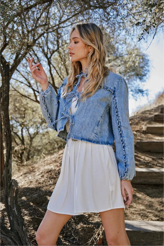 Seacliff Heights Ruffle Yoke Sleeve Tie Front Denim Jacket