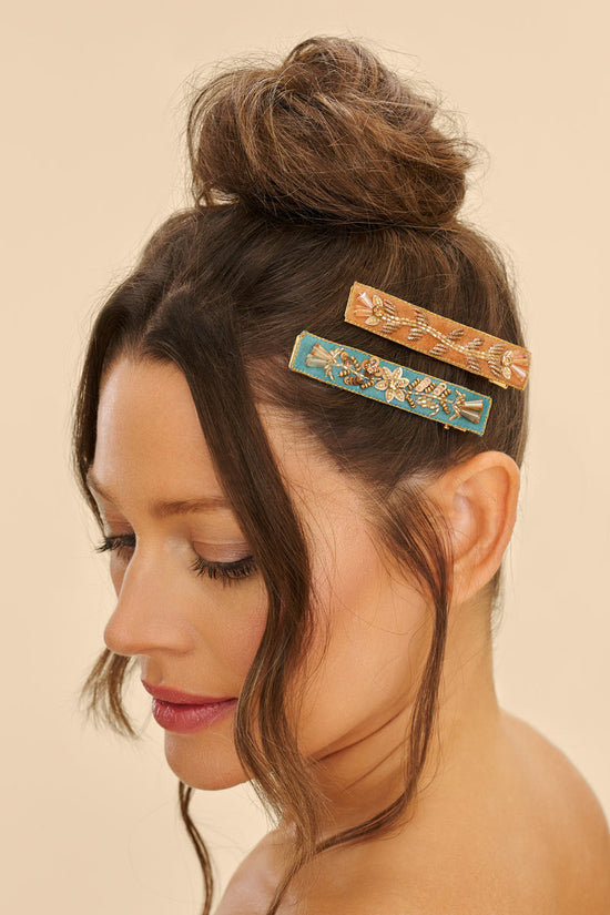 Narrow Jeweled Hair Bar (Set of 2) - Floral Vines, Turquoise & Mustard