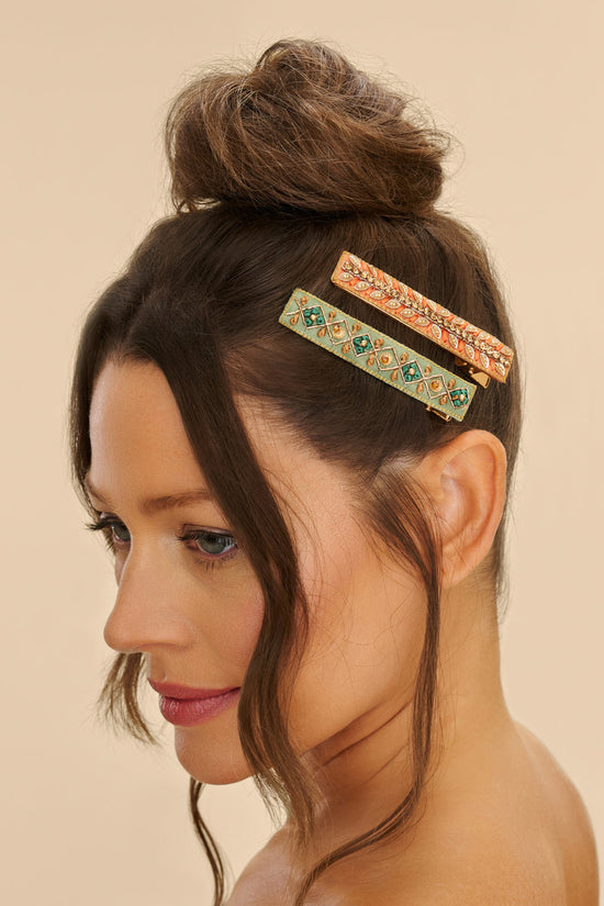 Narrow Jeweled Hair Bar (Set of 2) - Ribbon and Strike Sage & Coral