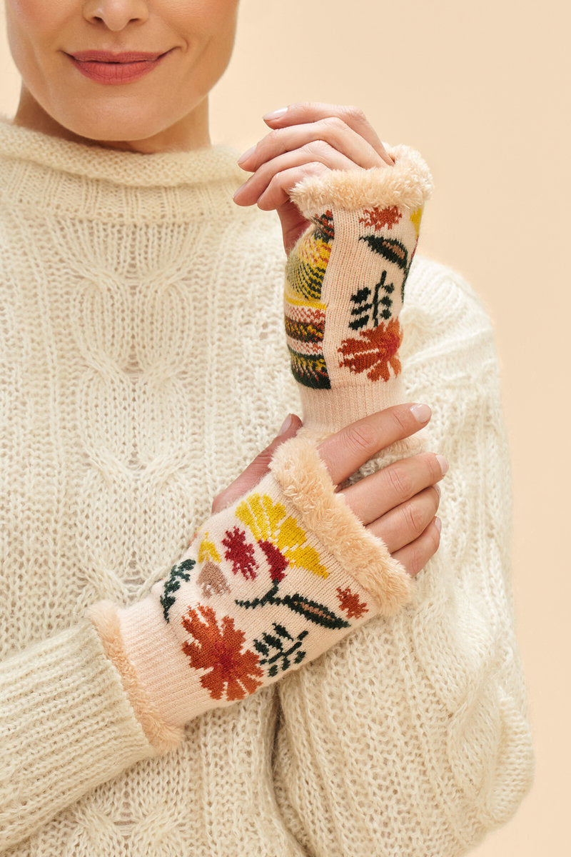 Watercolor Cream Floral Wrist Warmers Fashion Gloves