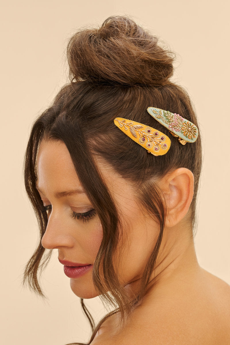 Jeweled Hair Clips (Set of 2) - Sunflower and Wheat, Ice & Mustard