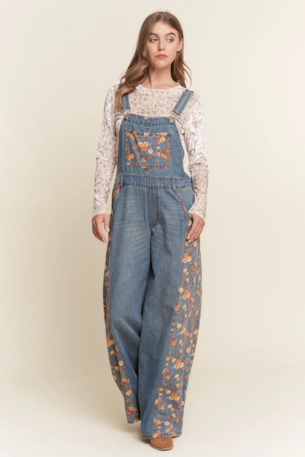 Floral Print Denim Wide Leg Overalls