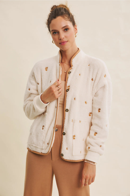 Embroidered Fleece Jacket Oversize Sweater Cardigan