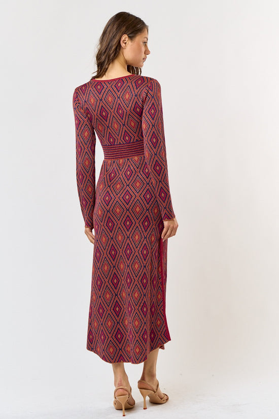 Spiced Up Jacquard V-Neck Side Slit Midi Dress