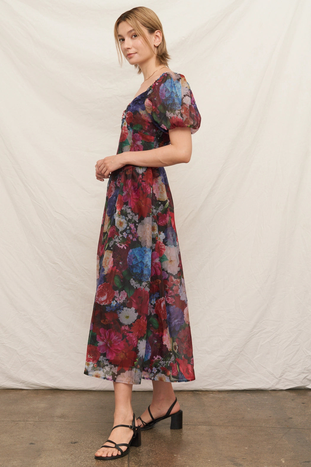 Puff Sleeve Floral Overlay Midi Dress