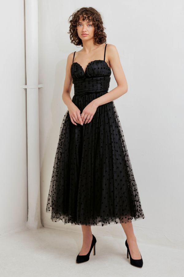 Charming Black Velvet Heart Dot Tulle Dress