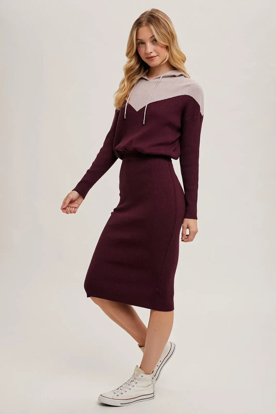 Burgundy Sweater Knit Midi Hoodie Dress