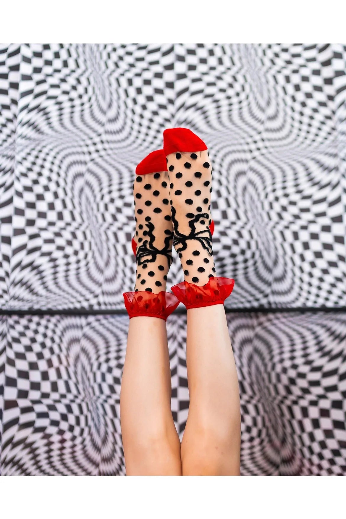 Polka Dot Red Ruffle Sheer Crew Fashion Socks