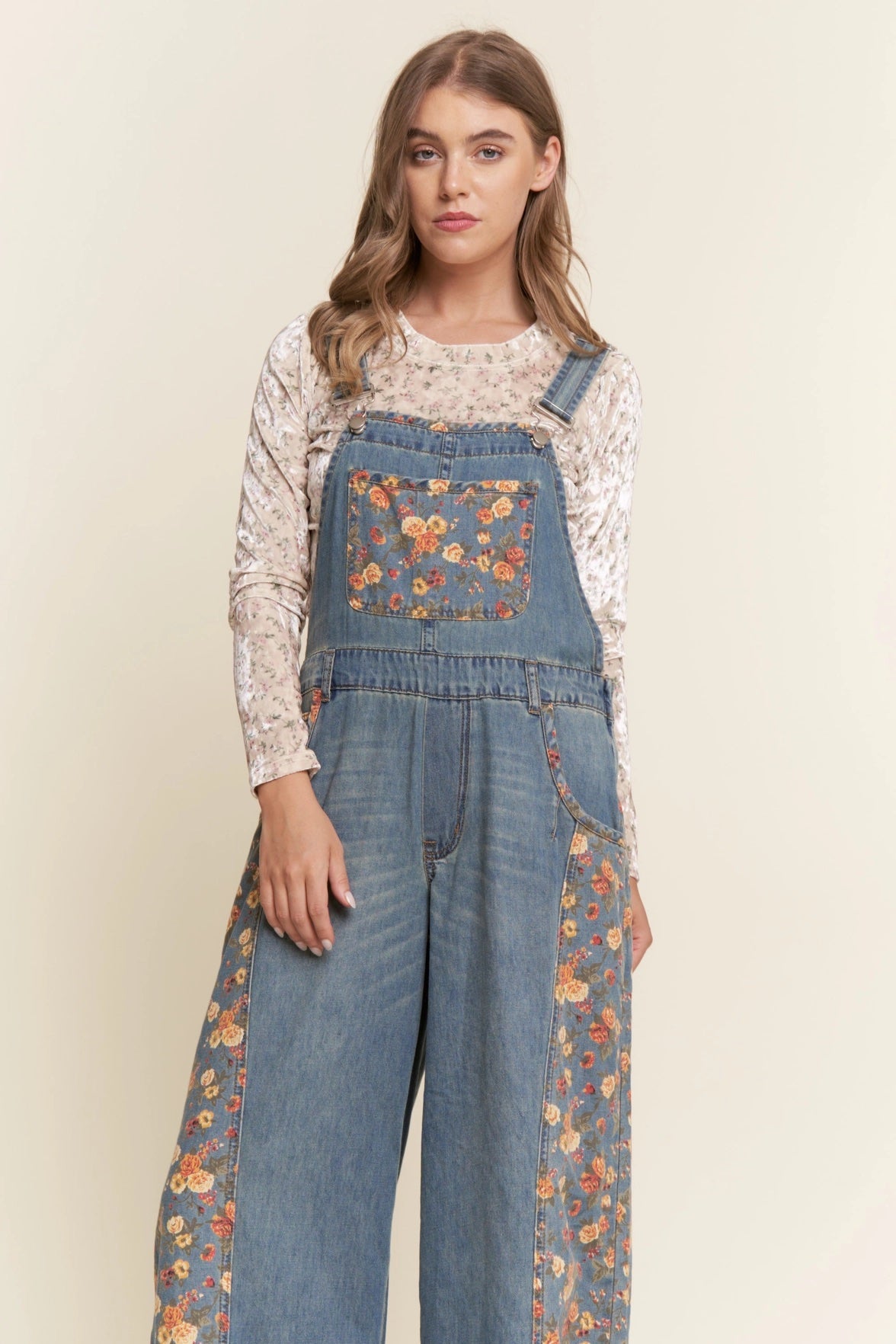 Floral Print Denim Wide Leg Overalls