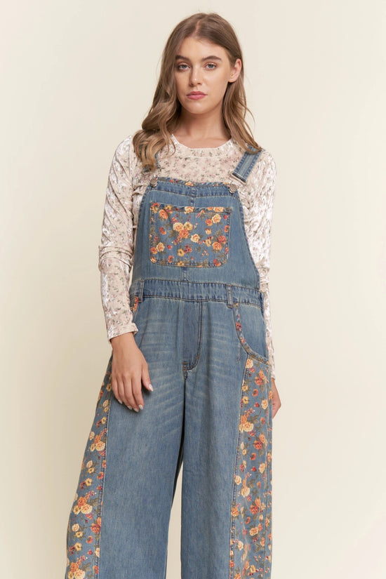 Floral Print Denim Wide Leg Overalls
