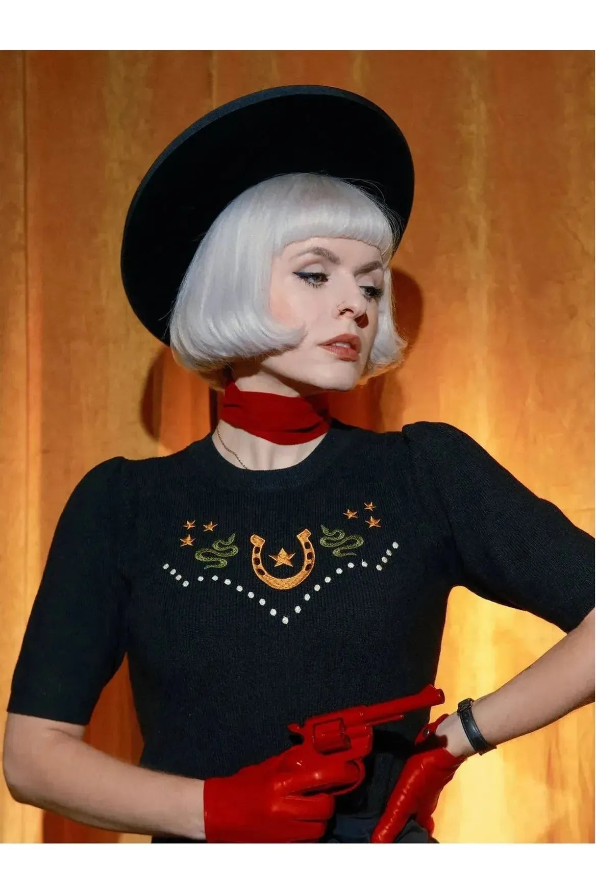 Lucky Horseshoe Short Sleeve Black Sweater
