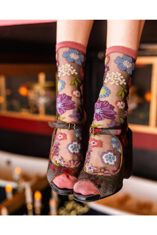 Dark Florals Black Sheer Crew Fashion Socks