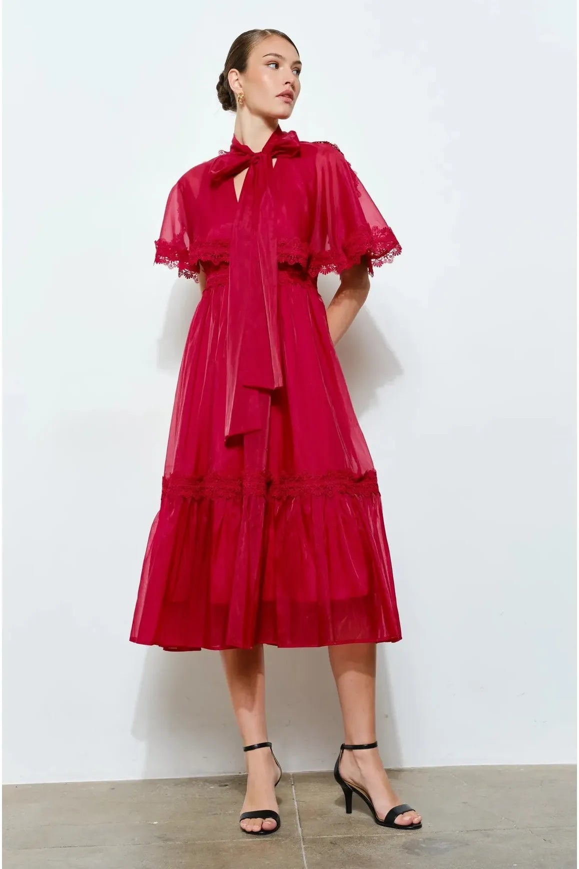 Bow Tie Cape-Style Ruffle Lace Organza Dress