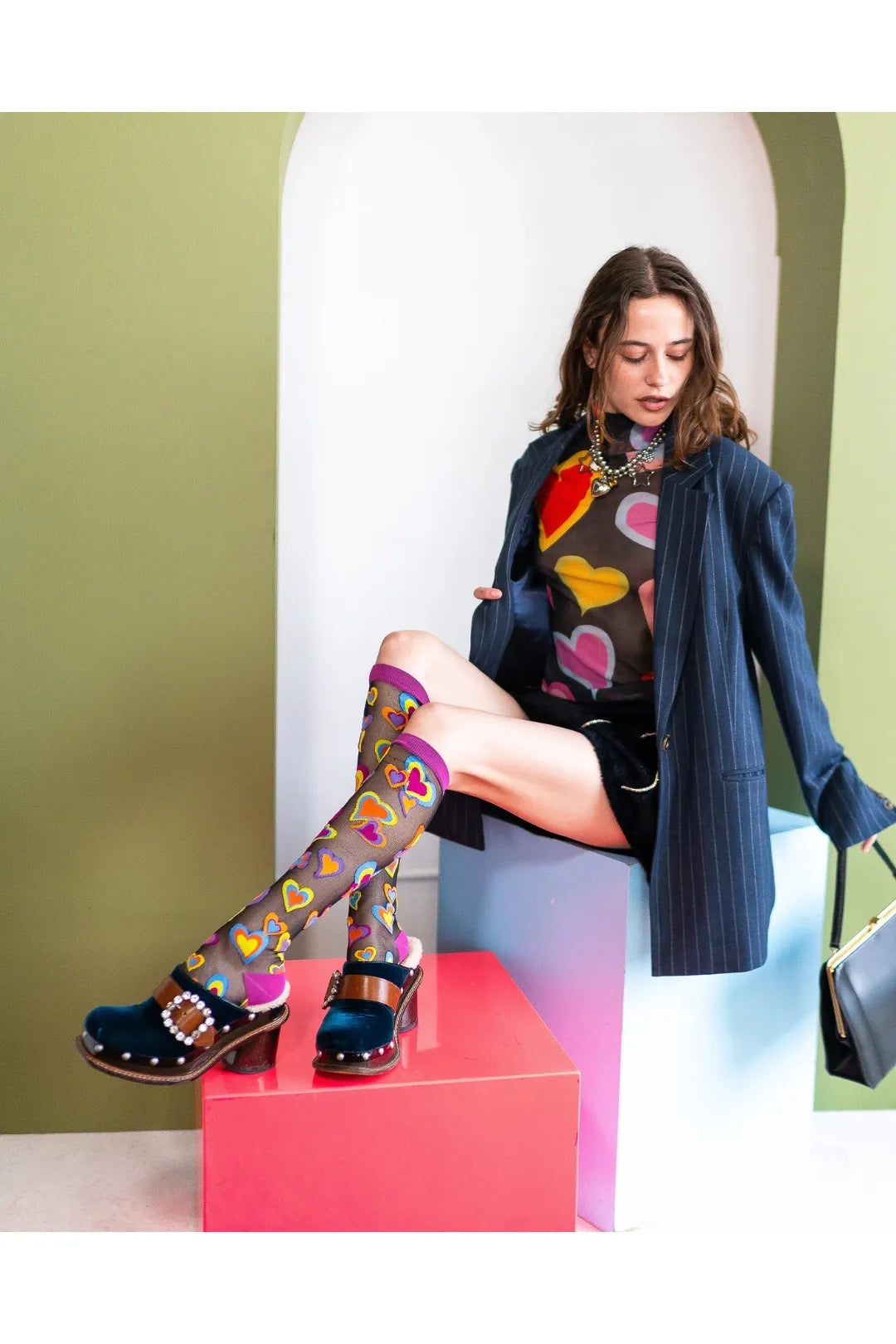 Y2K Hearts Black Knee High Sheer Fashion Socks