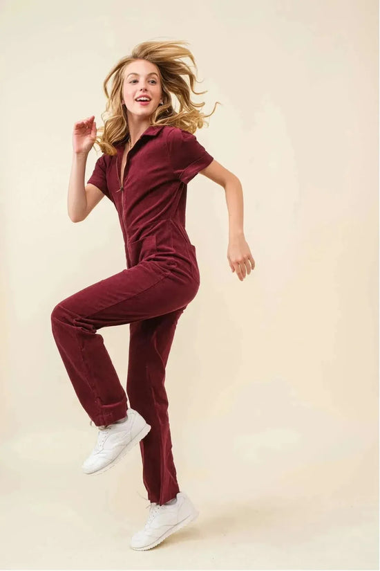 Short Sleeve Plum Corduroy Jumpsuit