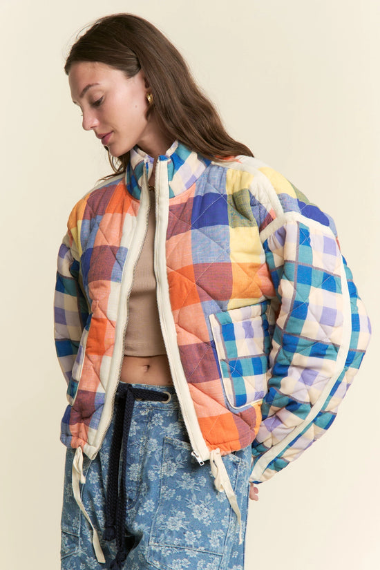 Multi-Color Plaid Quilted Puffer Zipper Jacket