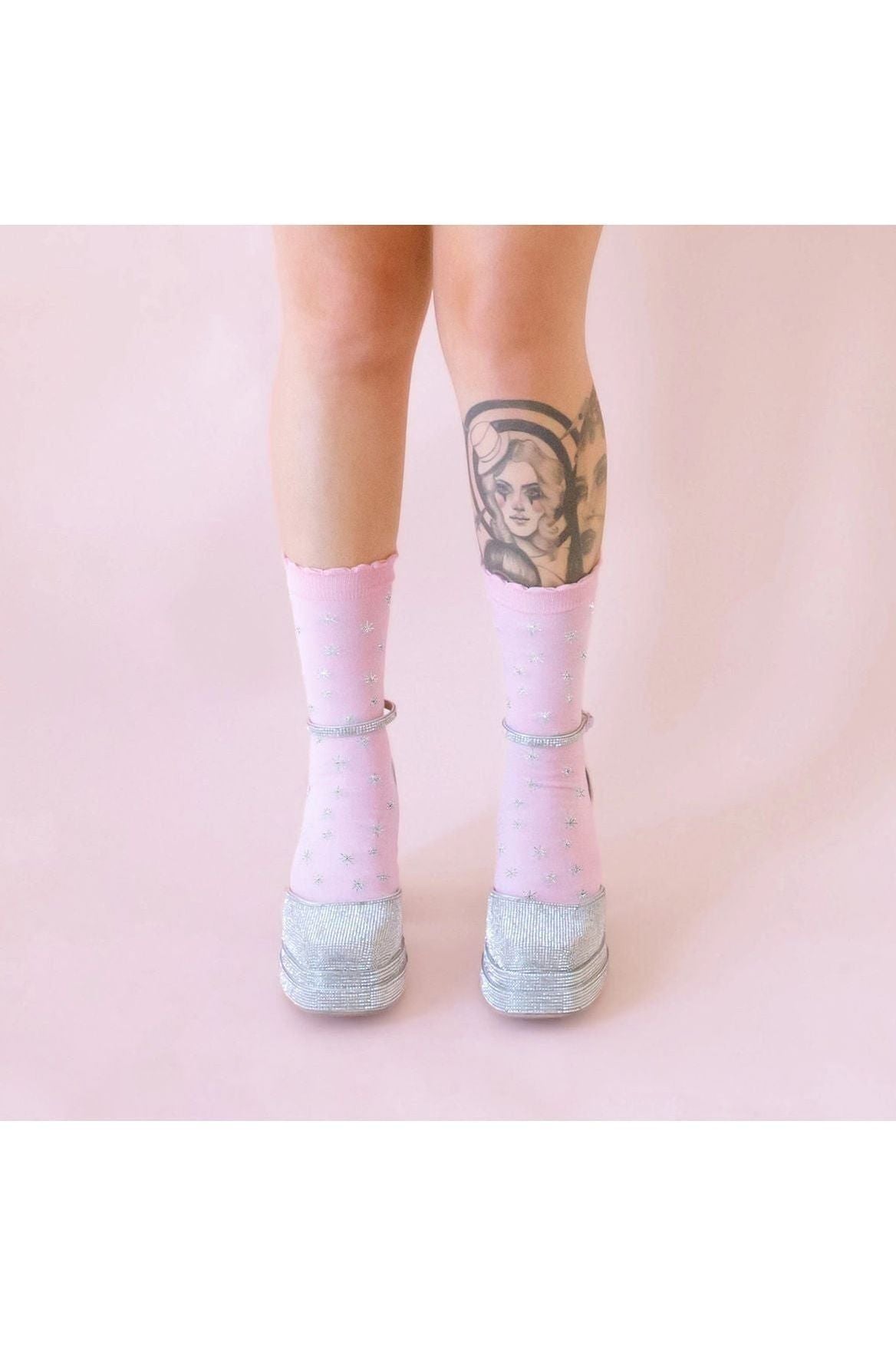 Star Pink & Silver Crew Socks