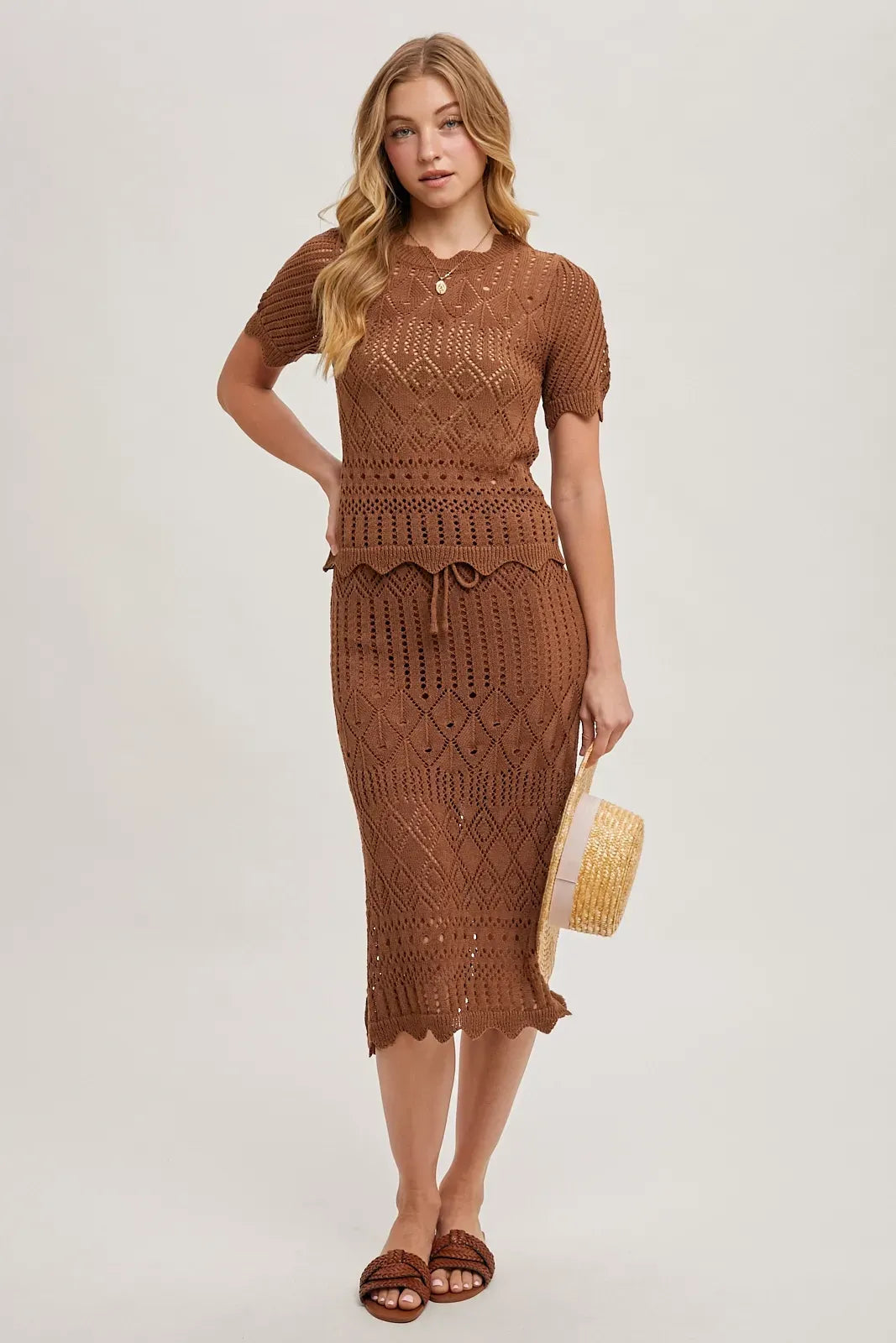 Crochet Knit Sweater Mocha Scalloped Skirt