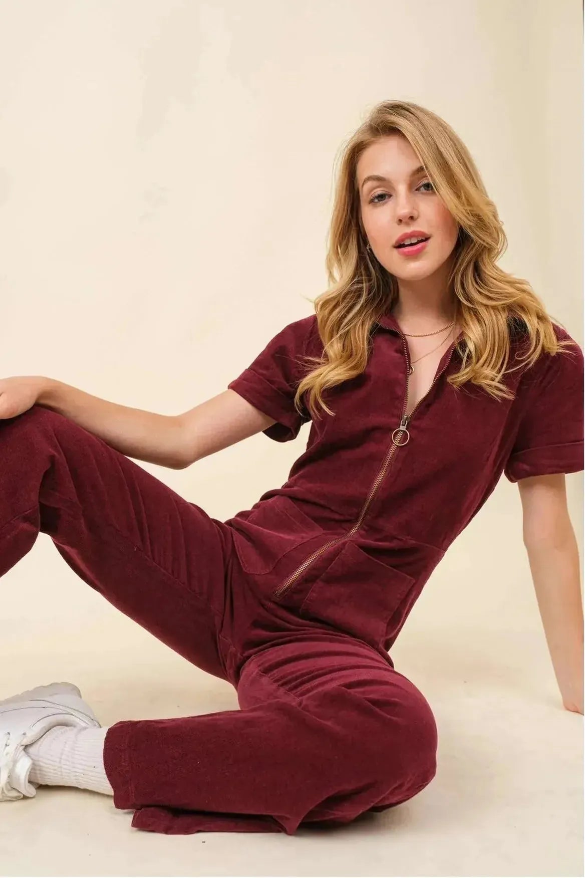 Short Sleeve Plum Corduroy Jumpsuit