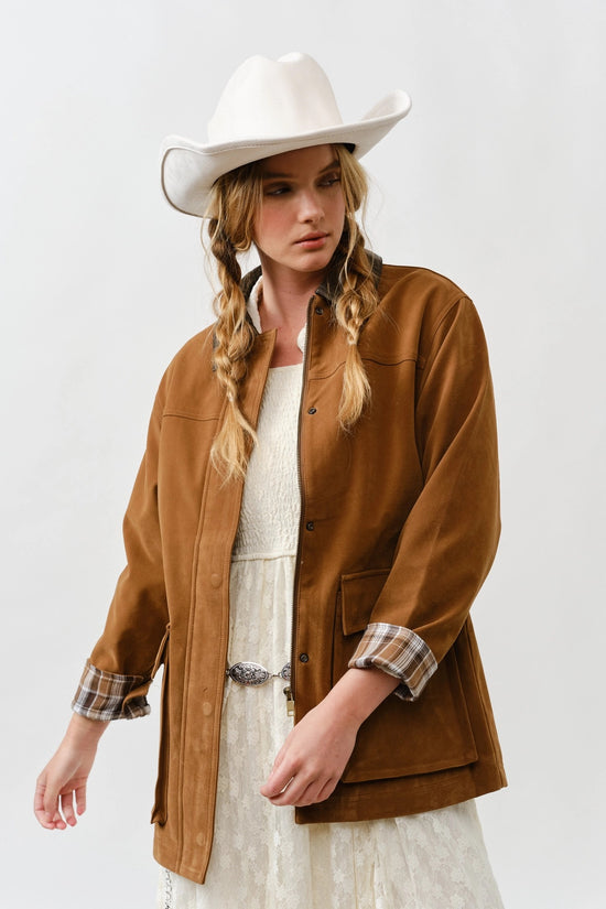 Suede Casual Jacket with Leather Collar