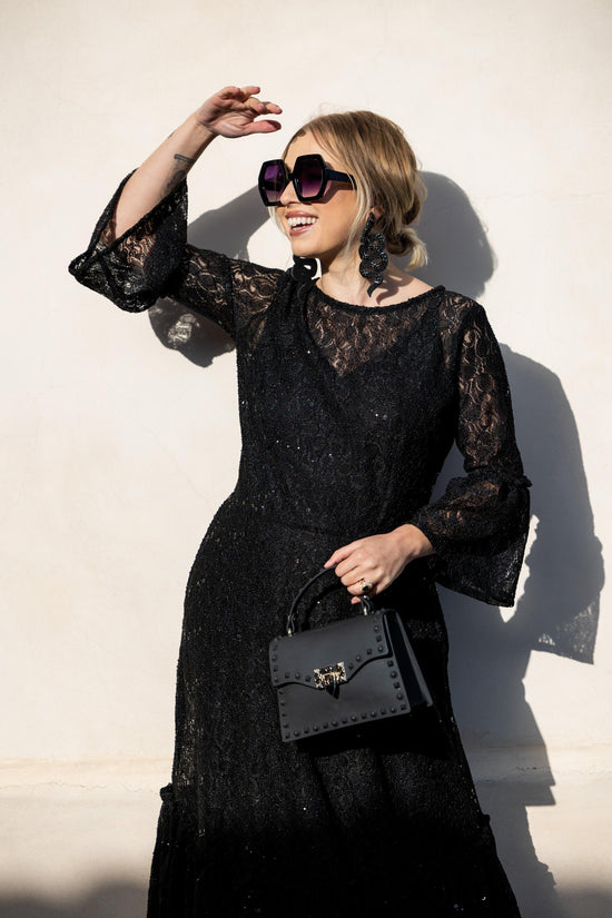 Black Sequin Lace Ruffle Dress