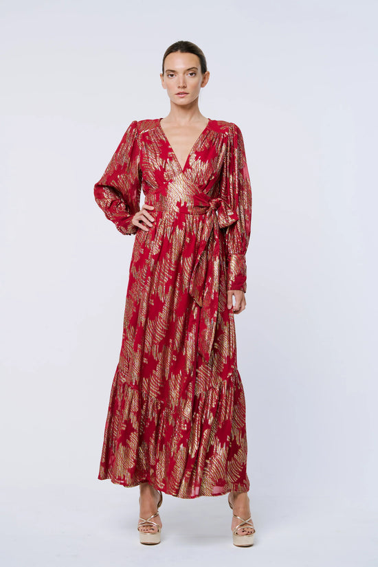 Holiday Firecracker Metallic Wrap Maxi Dress