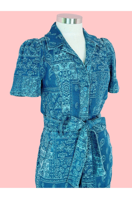 Sugarfoot Blue Paisley Print Utility Denim Jumpsuit