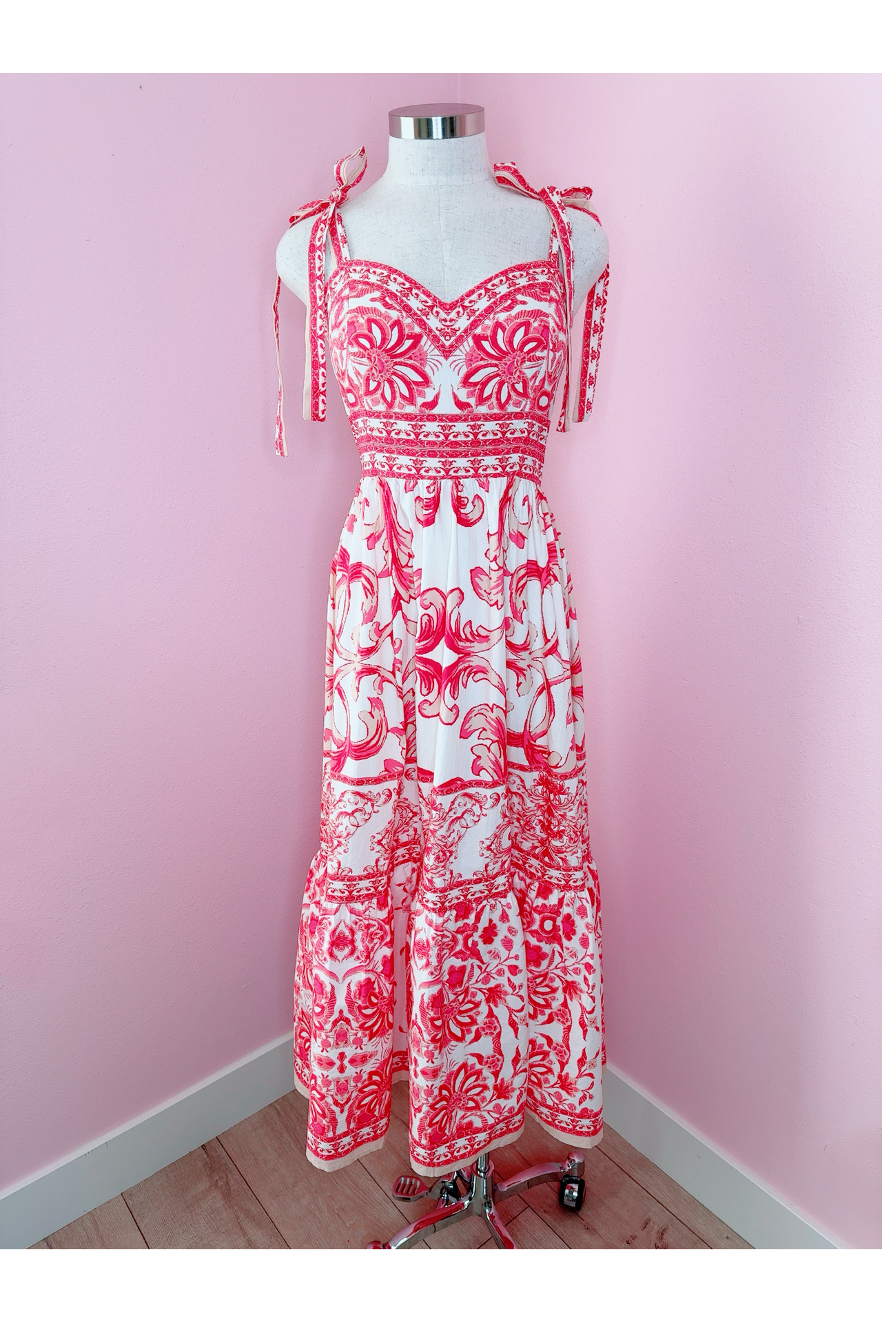 Summer Lovin' Sweetheart Neckline Pink Printed Woven Midi Dress