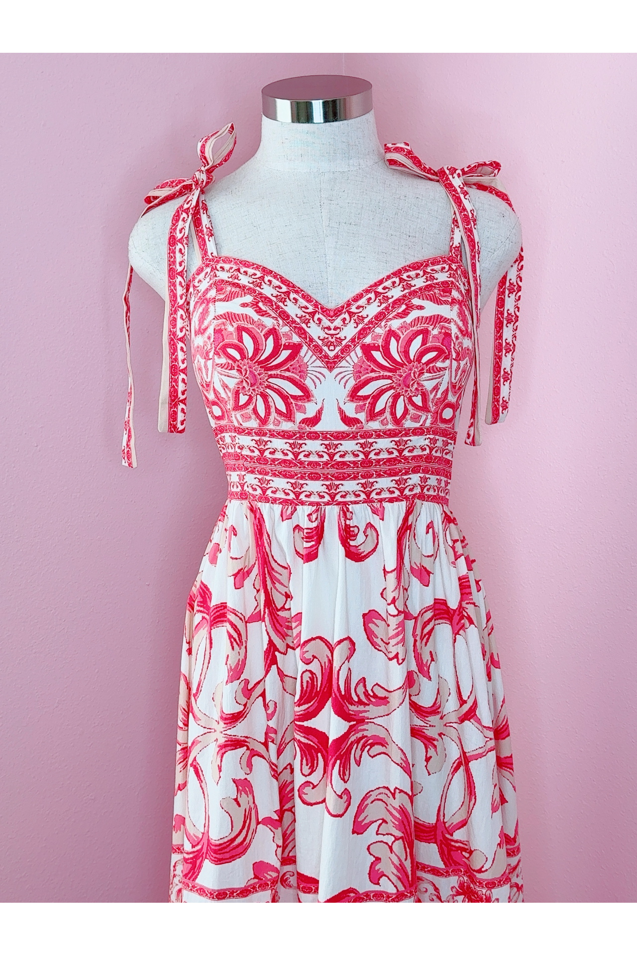 Summer Lovin' Sweetheart Neckline Pink Printed Woven Midi Dress