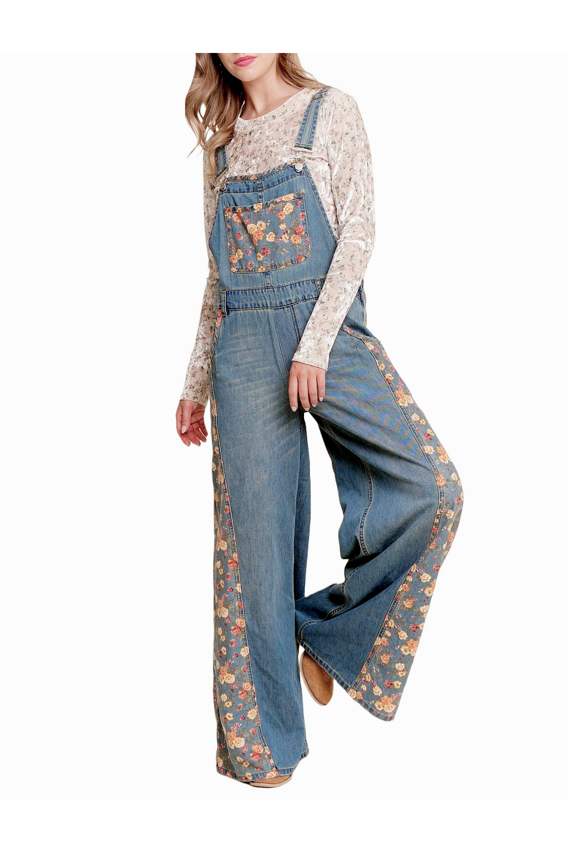 Floral Print Denim Wide Leg Overalls