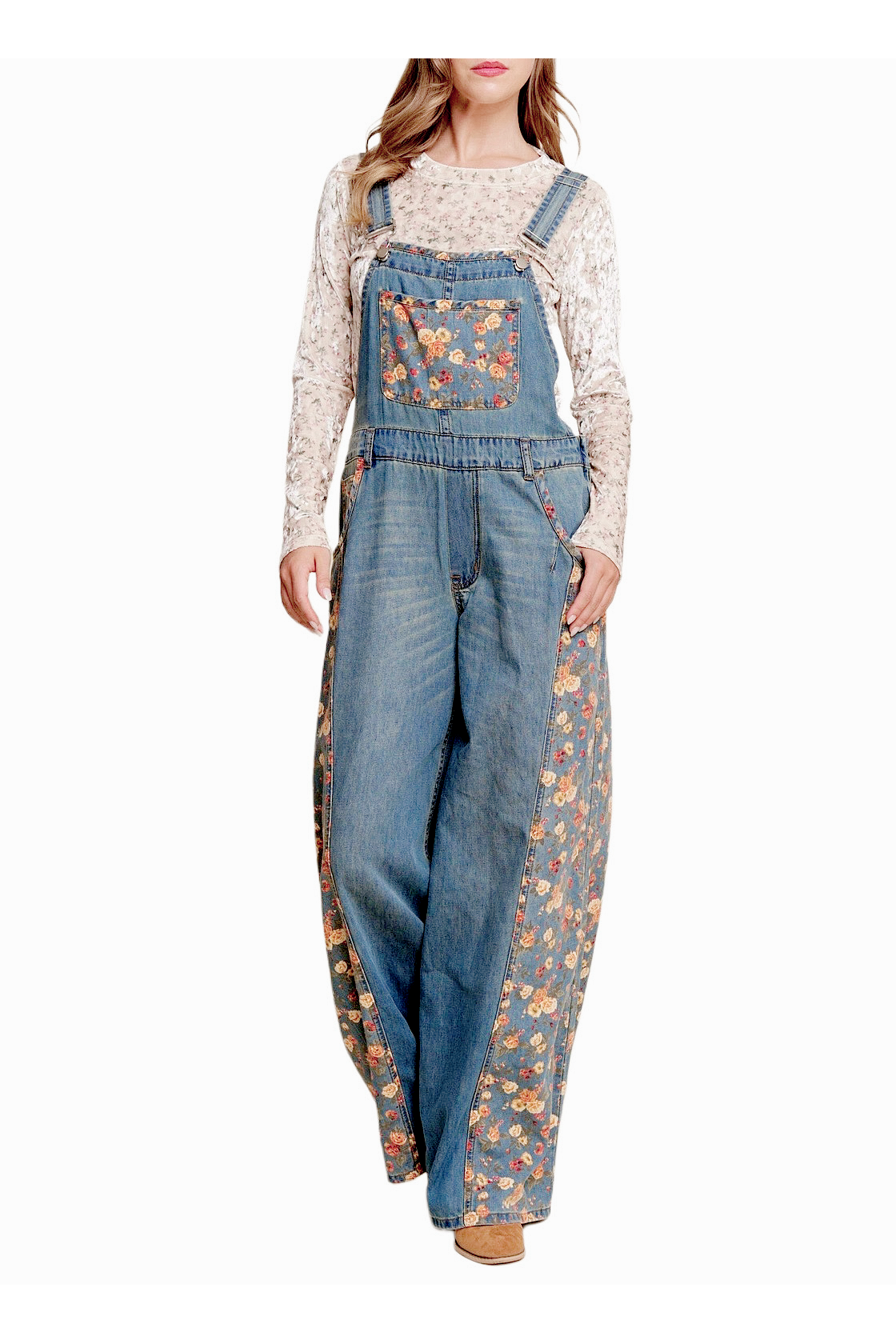Floral Print Denim Wide Leg Overalls