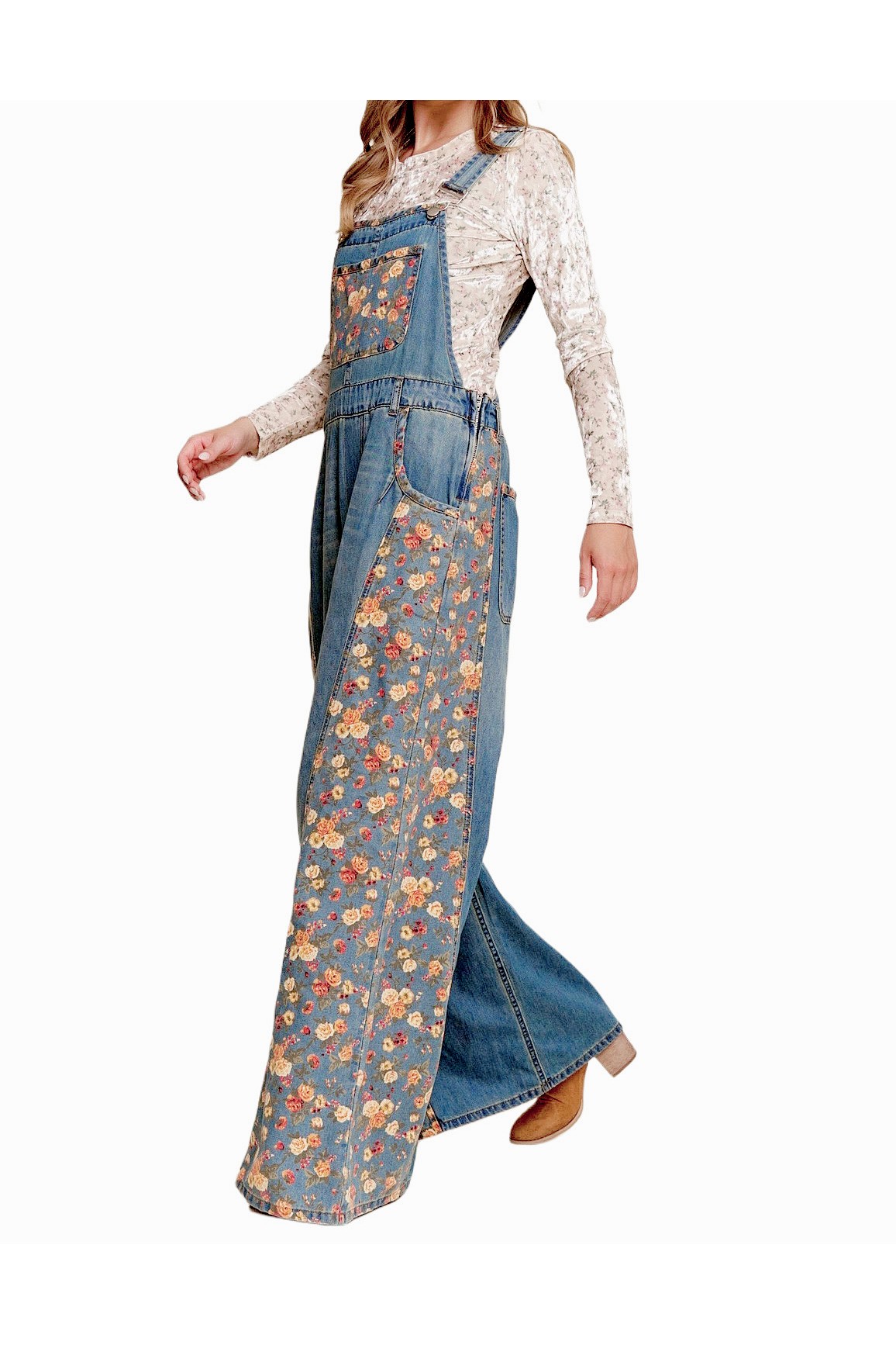 Floral Print Denim Wide Leg Overalls