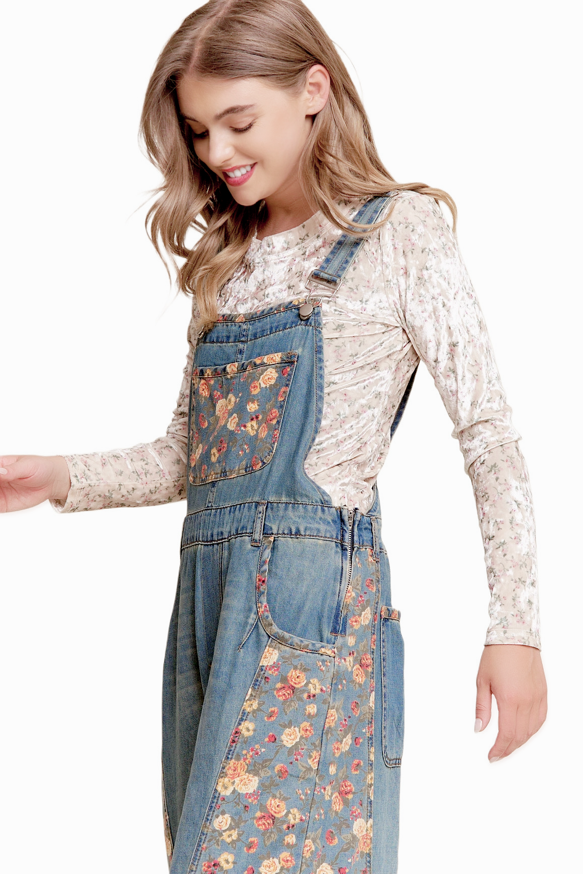 Floral Print Denim Wide Leg Overalls
