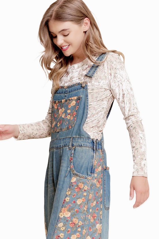 Floral Print Denim Wide Leg Overalls