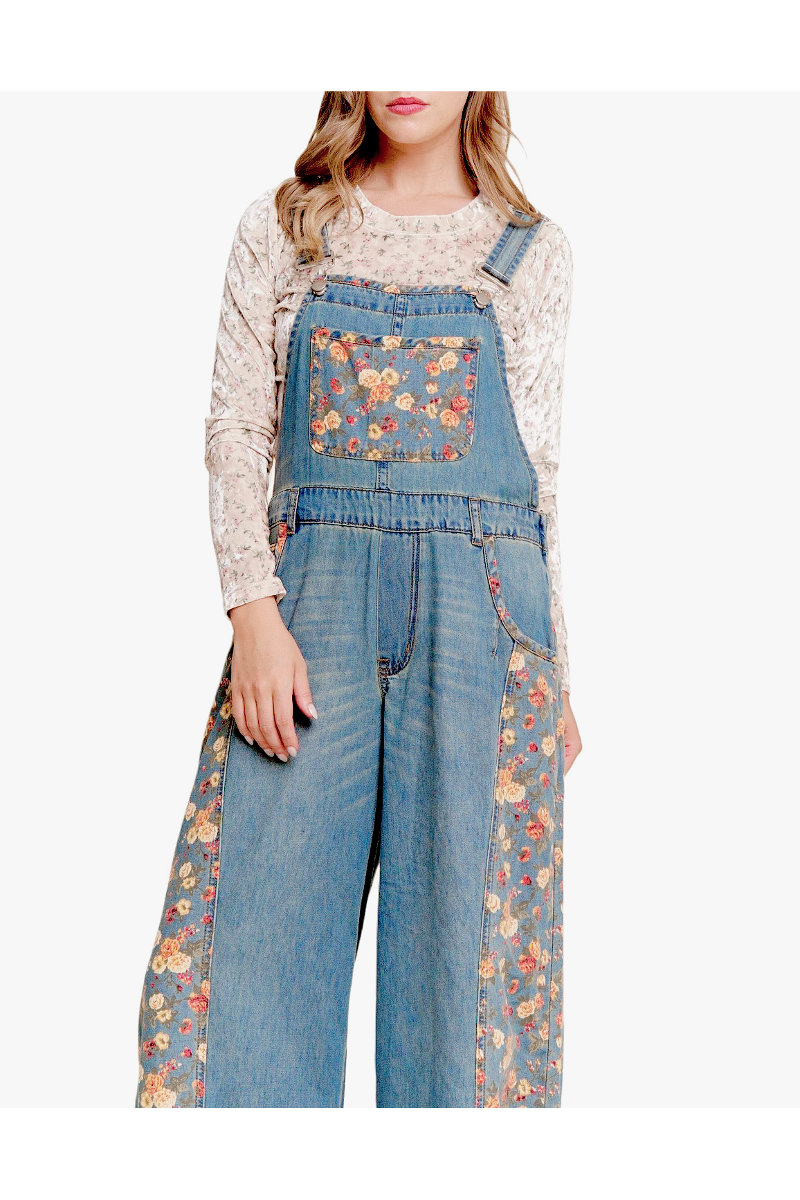Floral Print Denim Wide Leg Overalls