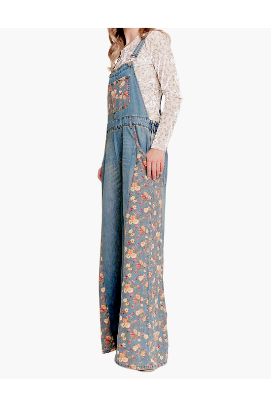 Floral Print Denim Wide Leg Overalls