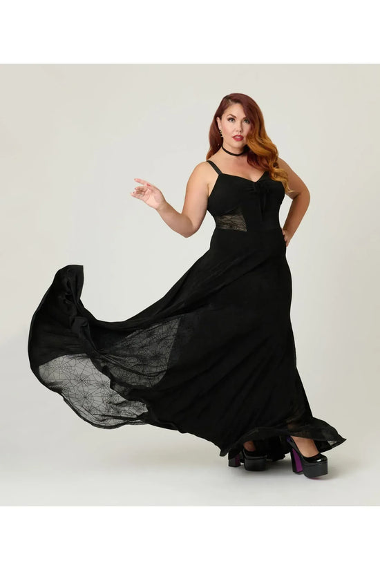 Black Sheer Spiderweb Godet Maxi Halloween Dress
