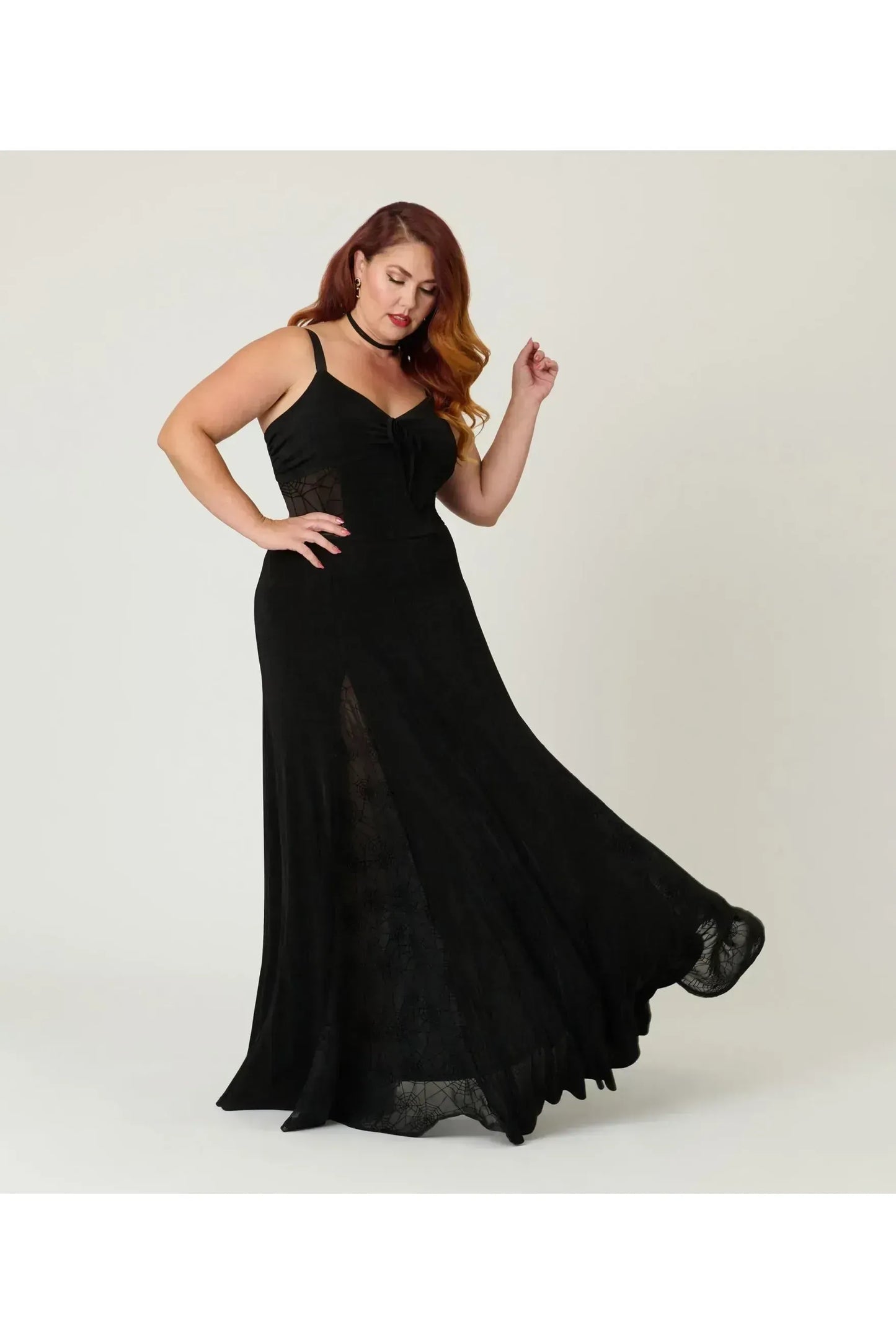 Black Sheer Spiderweb Godet Maxi Halloween Dress