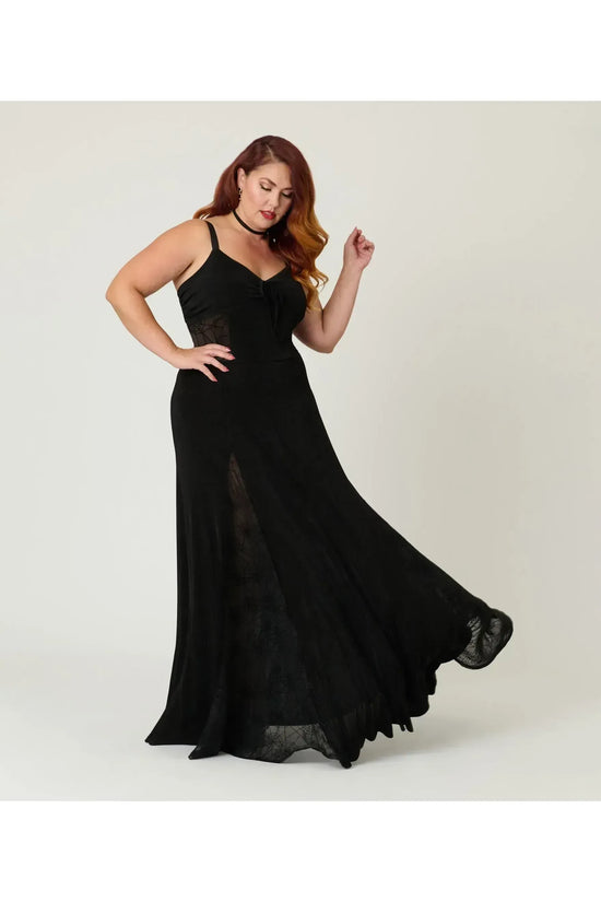 Black Sheer Spiderweb Godet Maxi Halloween Dress
