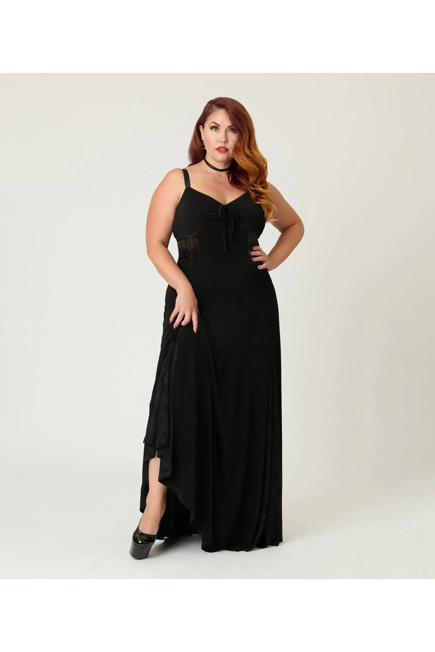 Black Sheer Spiderweb Godet Maxi Halloween Dress