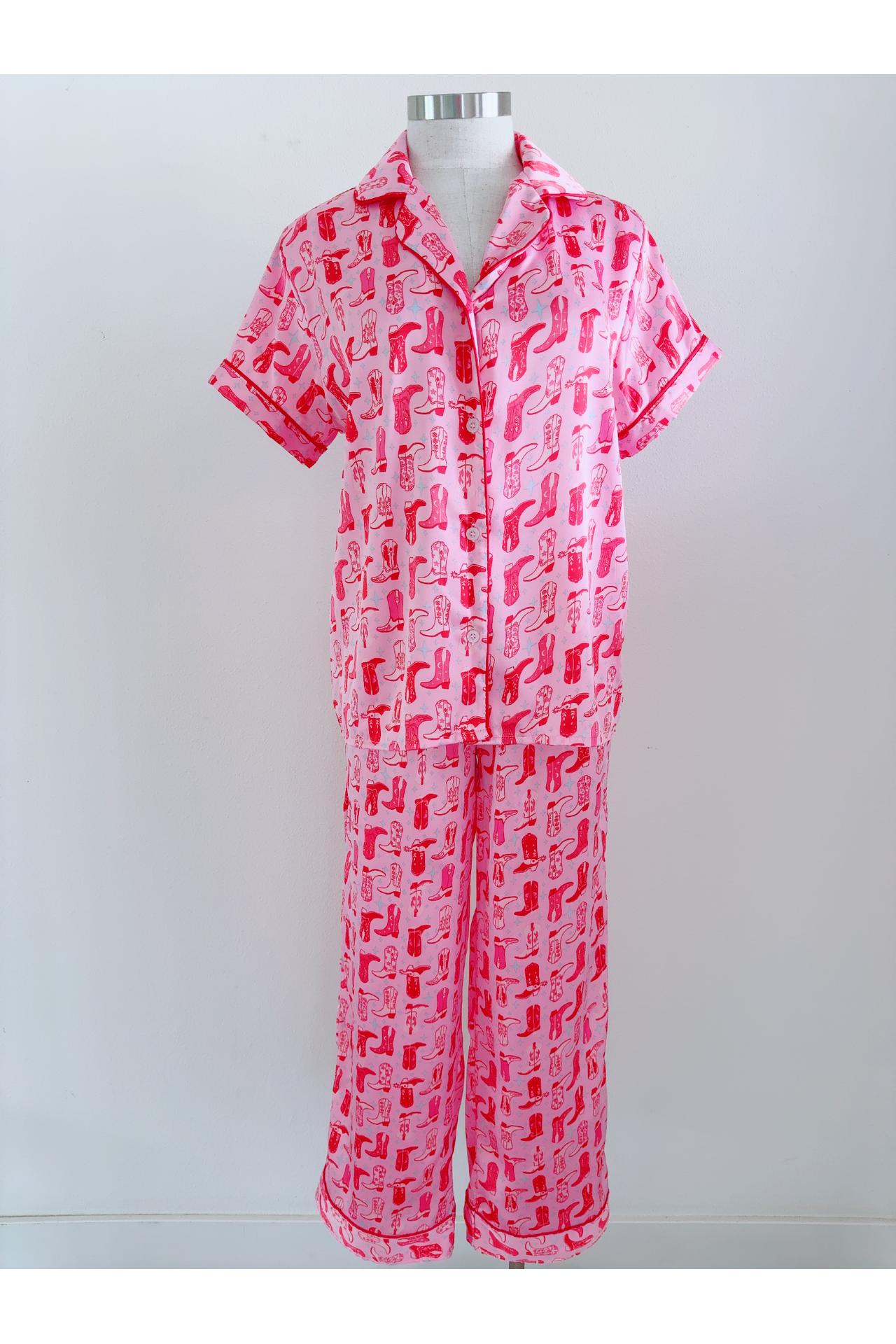 Cowgirl Disco Print Pink Sating Longe Sleeve & Pant Set