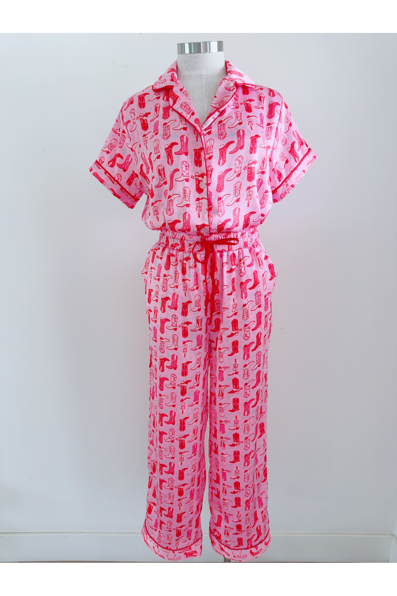 Cowgirl Disco Print Pink Sating Longe Sleeve & Pant Set