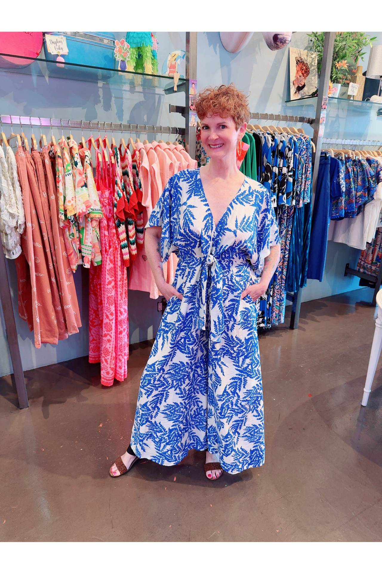 Deep In Thought White & Blue Kimono Sleeve Jumpsuit